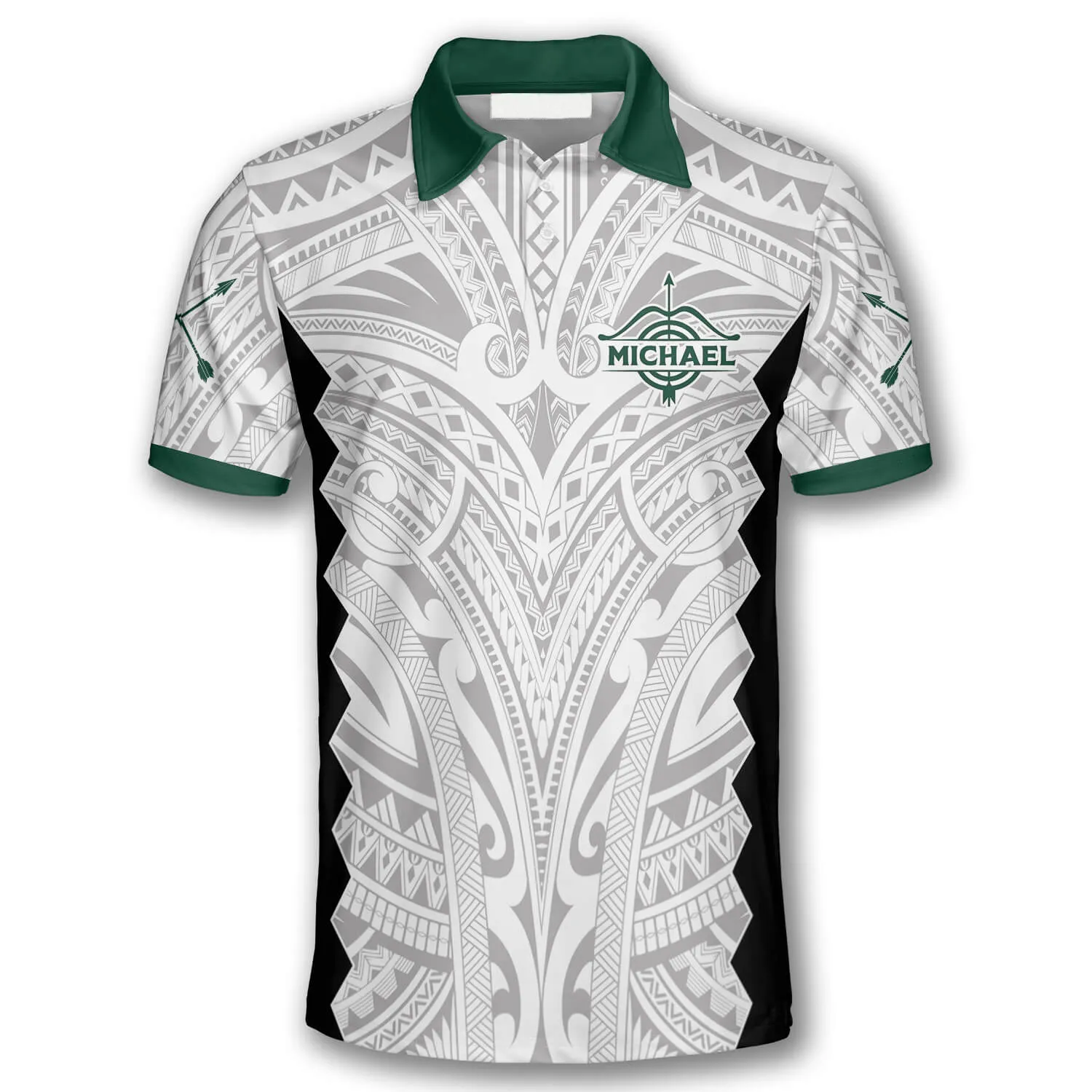 3D All Over Print Tribal White Green Custom Archery Polo Shirts For Men