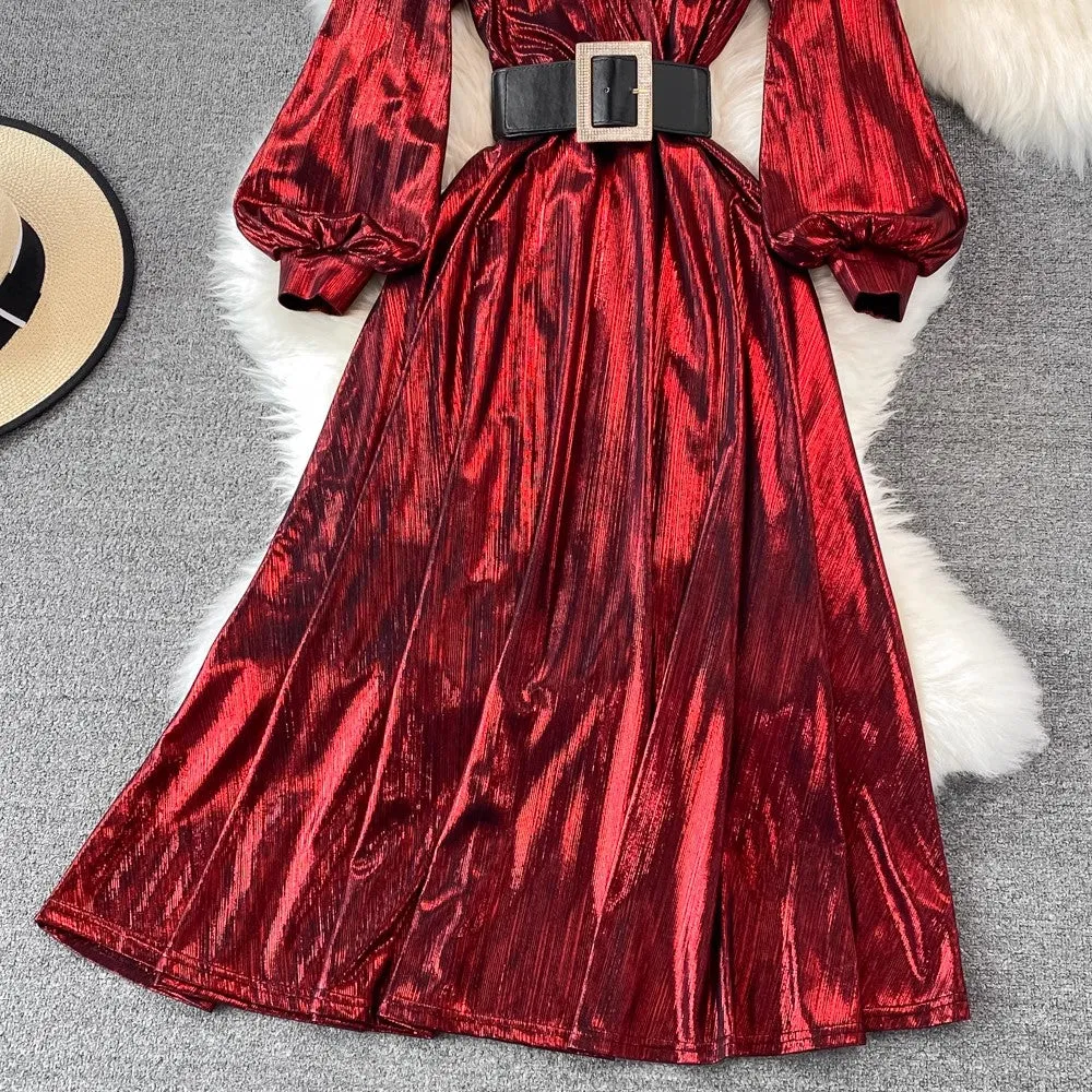 A-line long skirt with high waist and lantern sleeves V-neck metallic dress    S4135