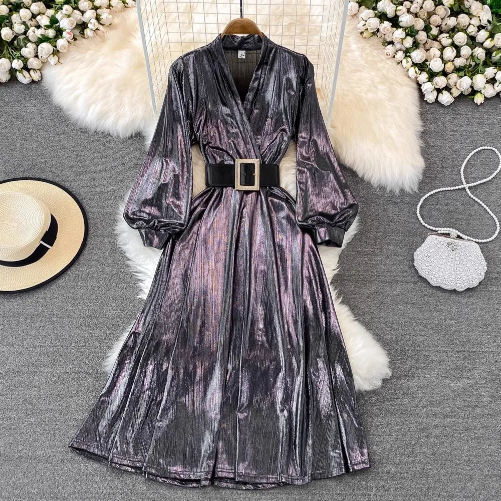 A-line long skirt with high waist and lantern sleeves V-neck metallic dress    S4135