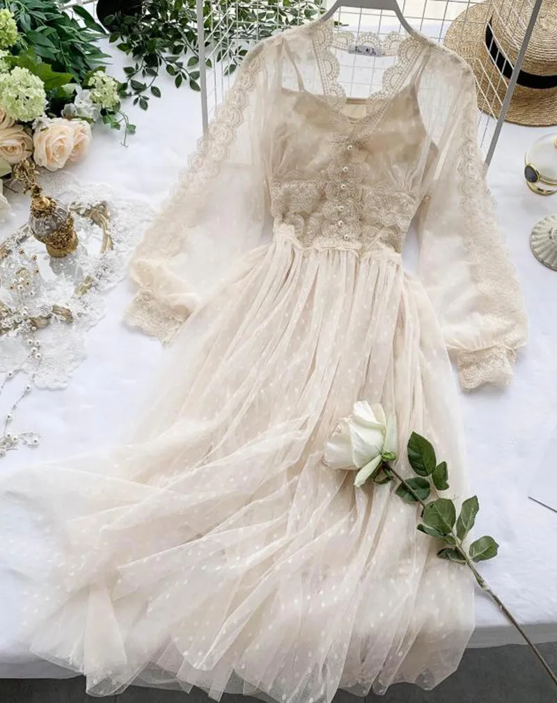 A line tulle lace long sleeve dress fashion dress   S108