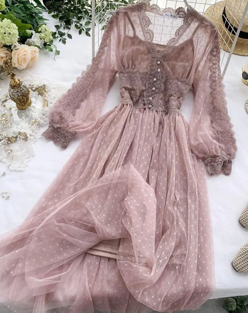 A line tulle lace long sleeve dress fashion dress   S108