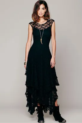 Asymmetric Tiered Ruffle Sleeveless Maxi Lace Dress - Black