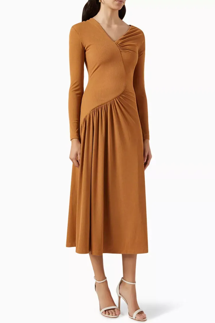 Asymmetrical Long Sleeve Ruched Detail Gradient Ribbed Jersey Midi Dress - Khaki