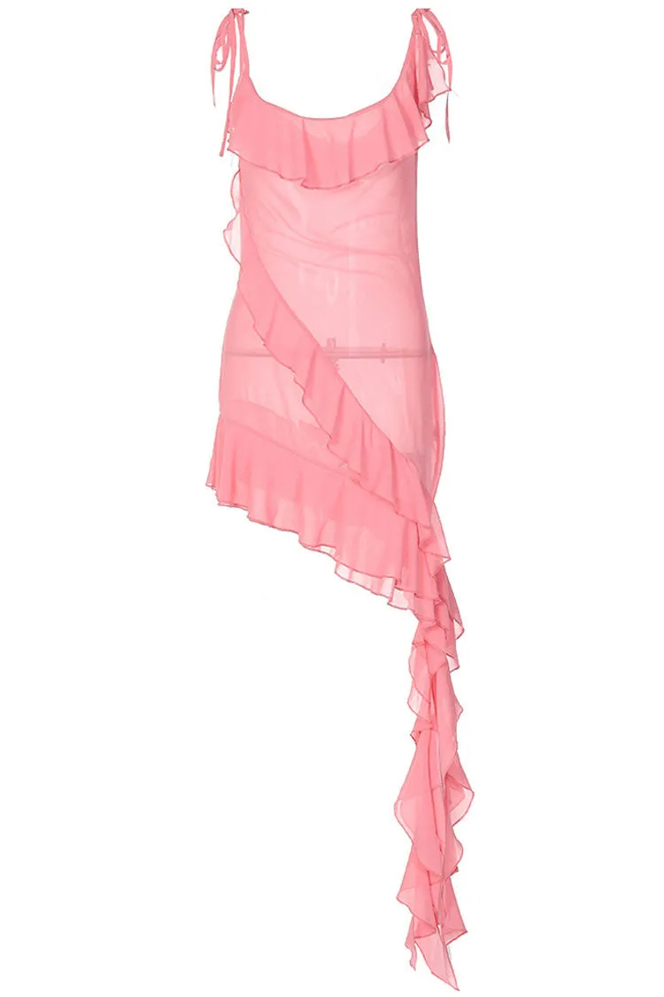 Asymmetrical Ruffle Scoop Neck Tie Strap Chiffon Beach Vacation Dress - Pink