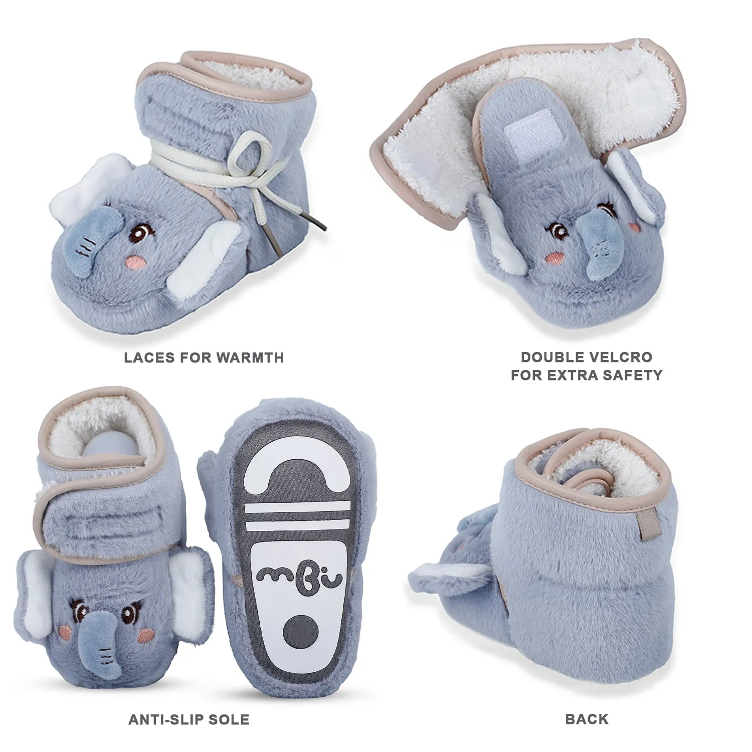 Baby Moo 3D Elephant Cozy Soft Velcro Furry Booties - Blue