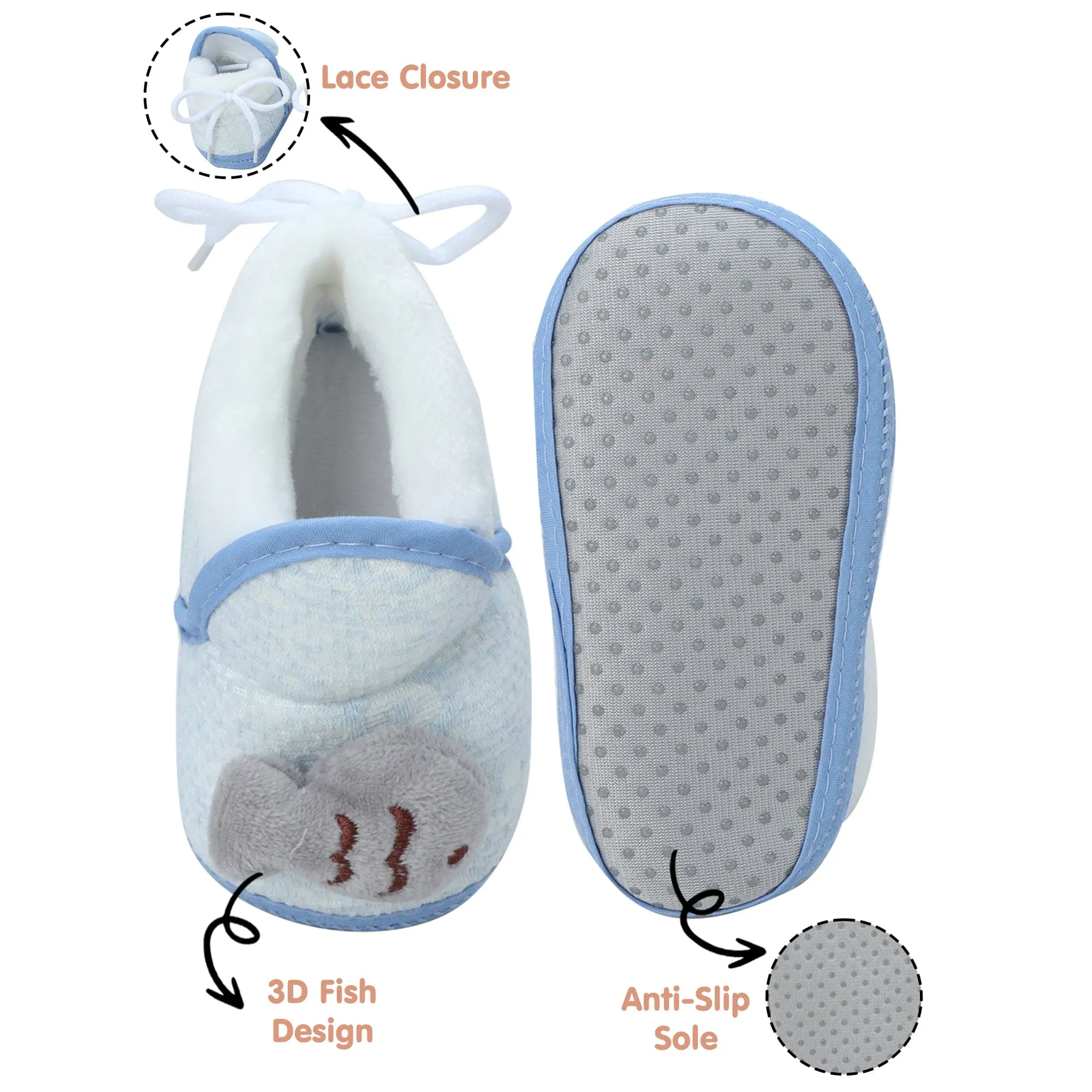 Baby Moo 3D Fish Soft Slip-On Anti-Skid Plush Warm Booties - Blue, Grey