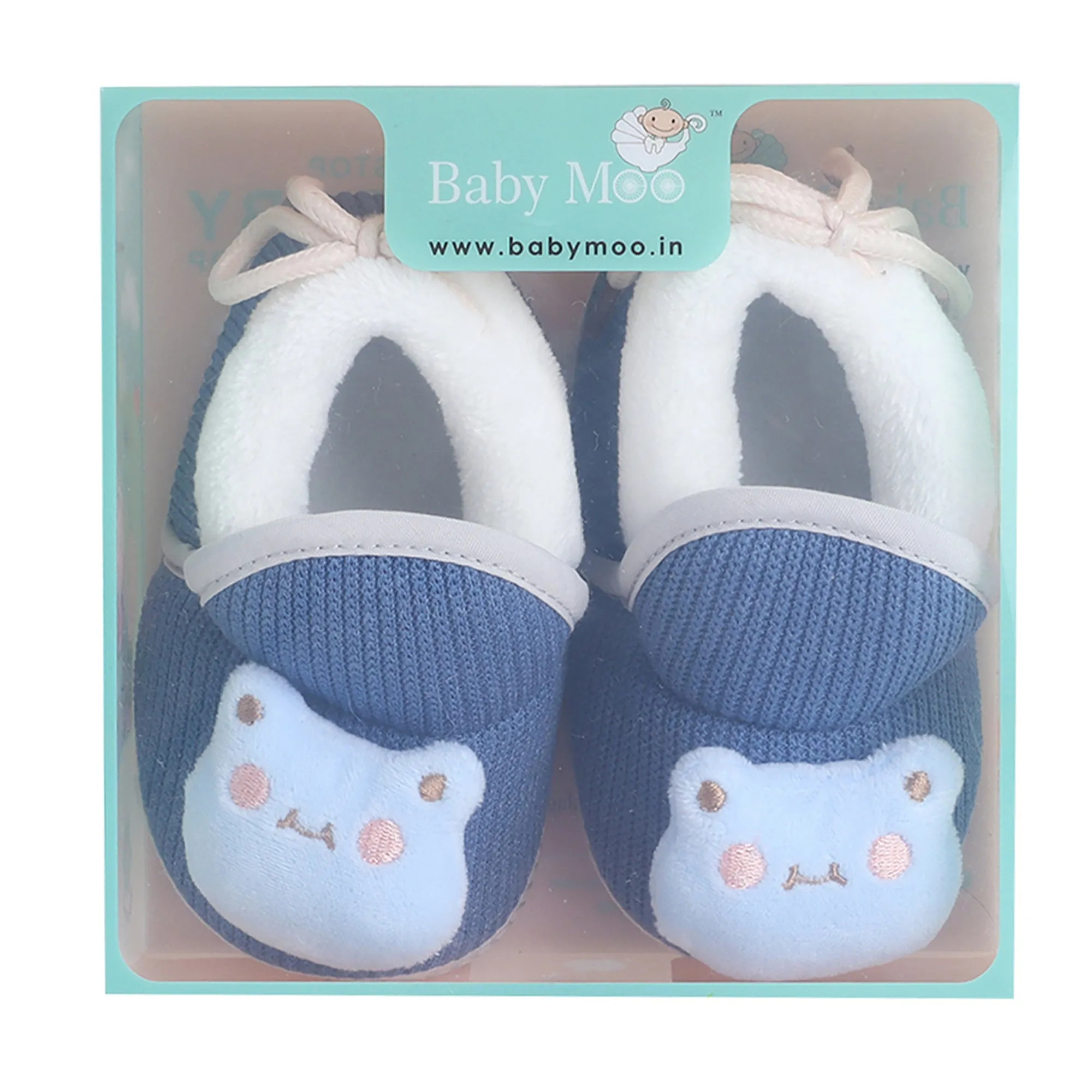 Baby Moo 3D Kitty Ribbed Soft Slip-On Anti-Skid Plush Warm Booties - Blue