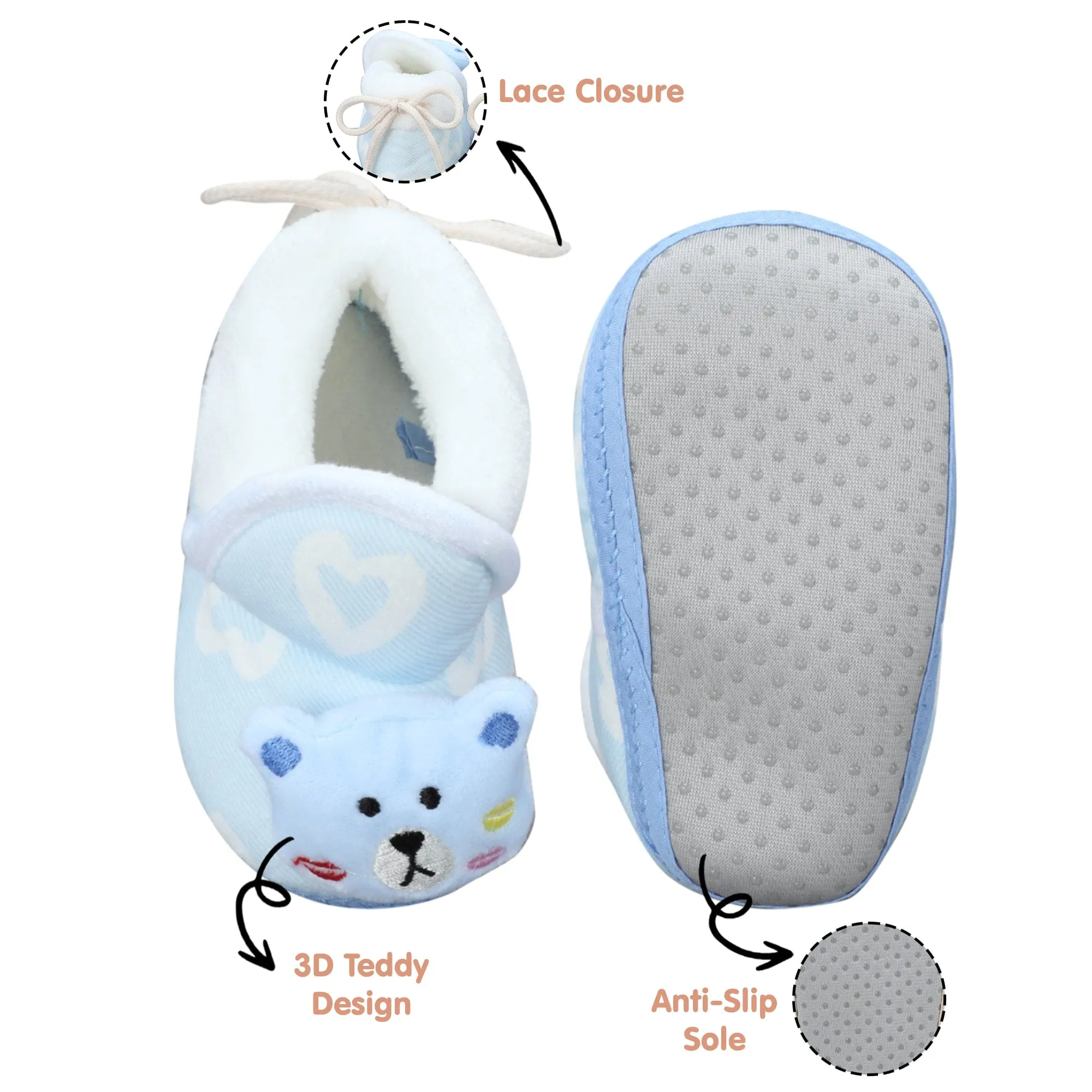 Baby Moo 3D Teddy Buddy Soft Slip-On Anti-Skid Plush Warm Booties - Blue