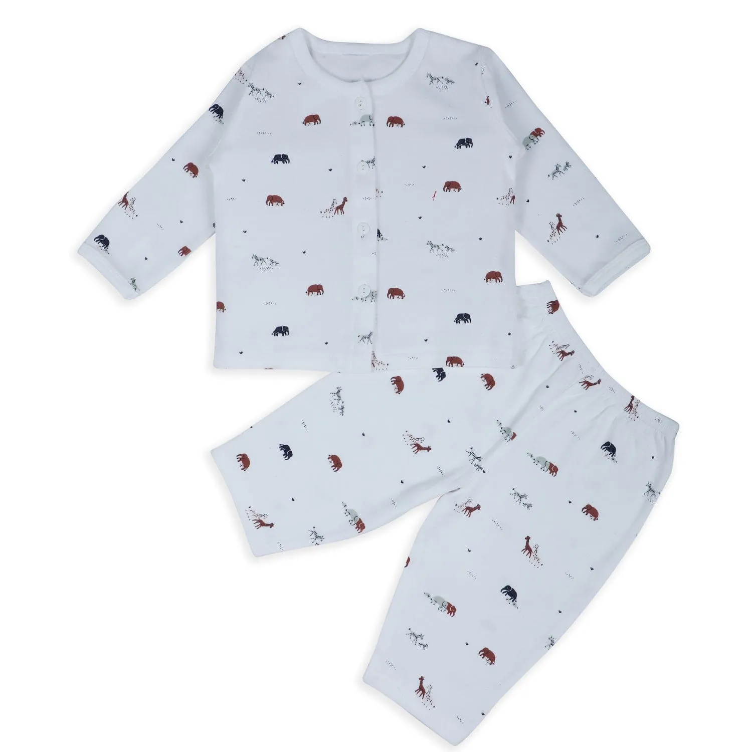 Baby Moo Animal Sleepy Time Cotton Full Sleeves Top And Pyjama 2pcs Night Suit - White