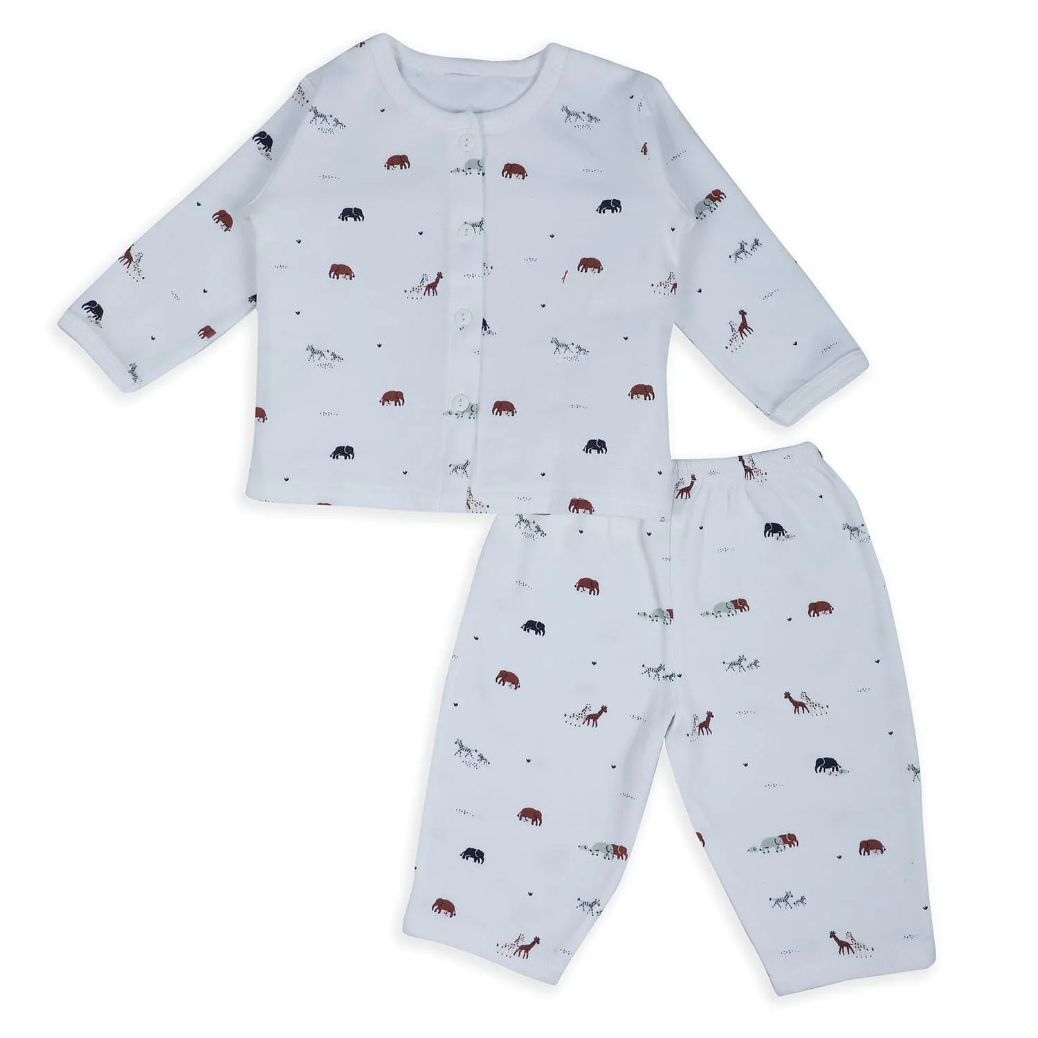 Baby Moo Animal Sleepy Time Cotton Full Sleeves Top And Pyjama 2pcs Night Suit - White