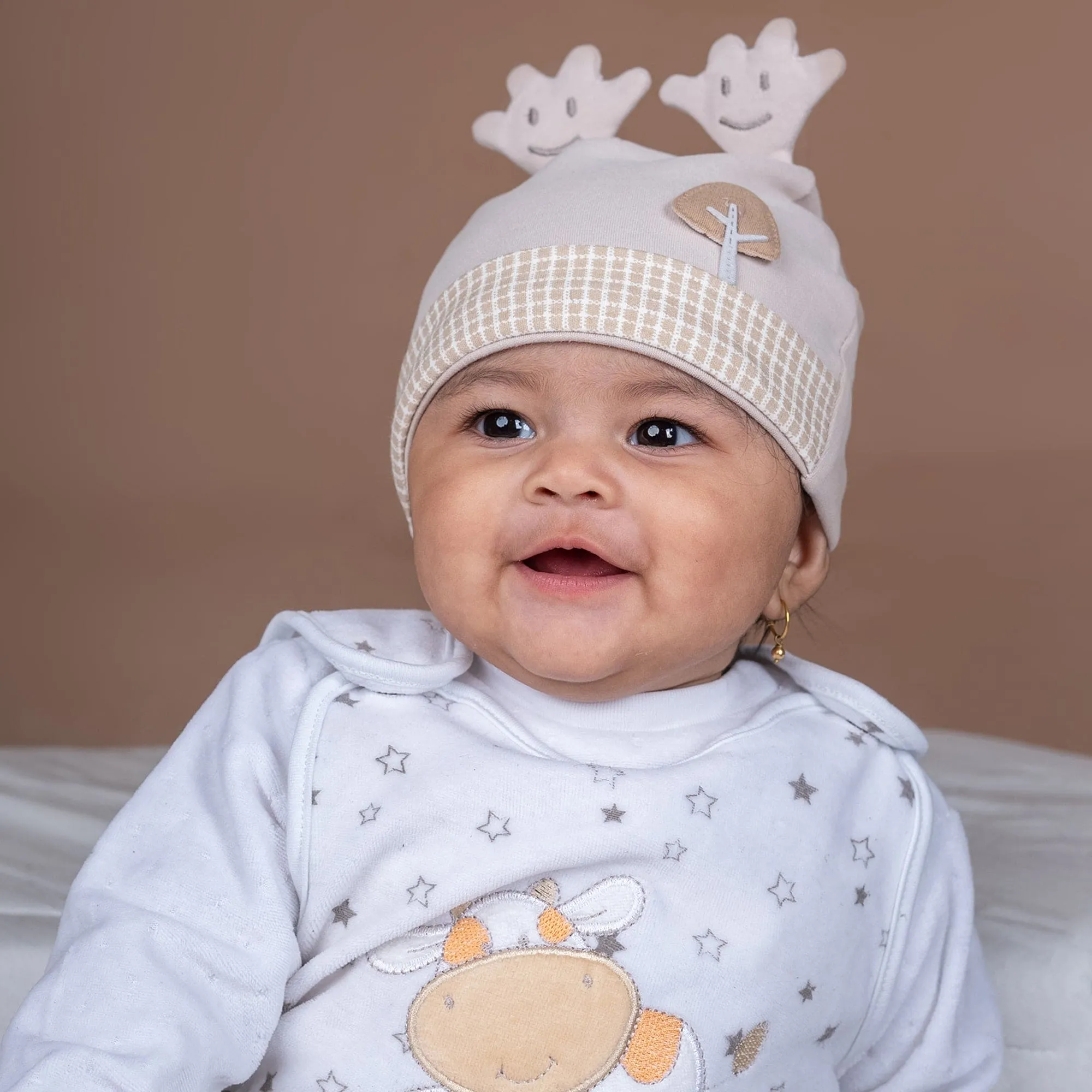 Baby Moo Antler All Season Stretchable Hosiery Warm 3D Beanie Cap - Grey