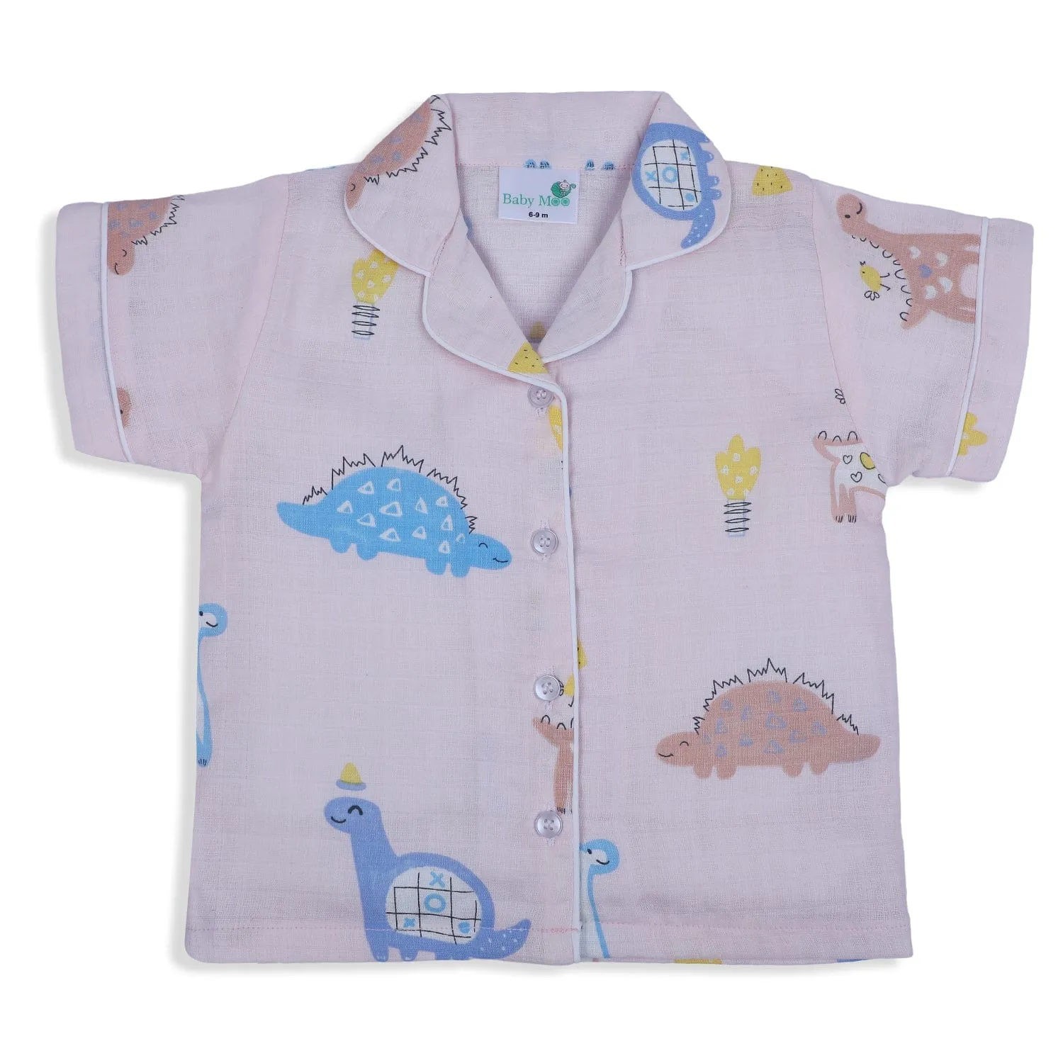 Baby Moo Dino Discovery Half Sleeves Muslin Shirt And Pyjama Night Suit - Pink