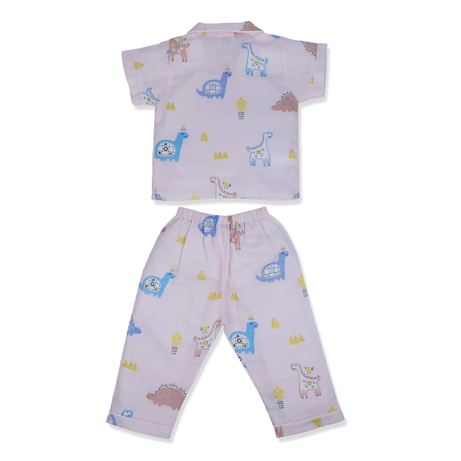 Baby Moo Dino Discovery Half Sleeves Muslin Shirt And Pyjama Night Suit - Pink