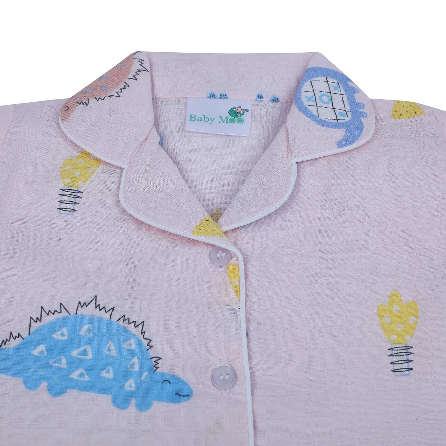 Baby Moo Dino Discovery Half Sleeves Muslin Shirt And Pyjama Night Suit - Pink