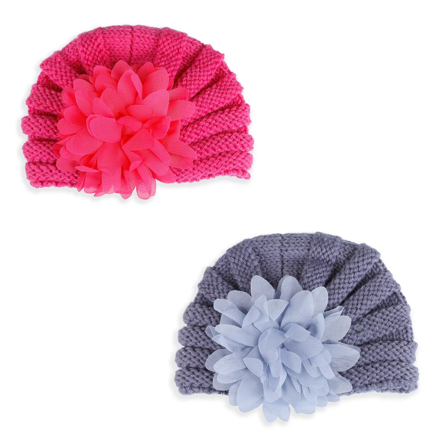 Baby Moo Floral Petals 2 Pack Turban Caps - Pink And Grey