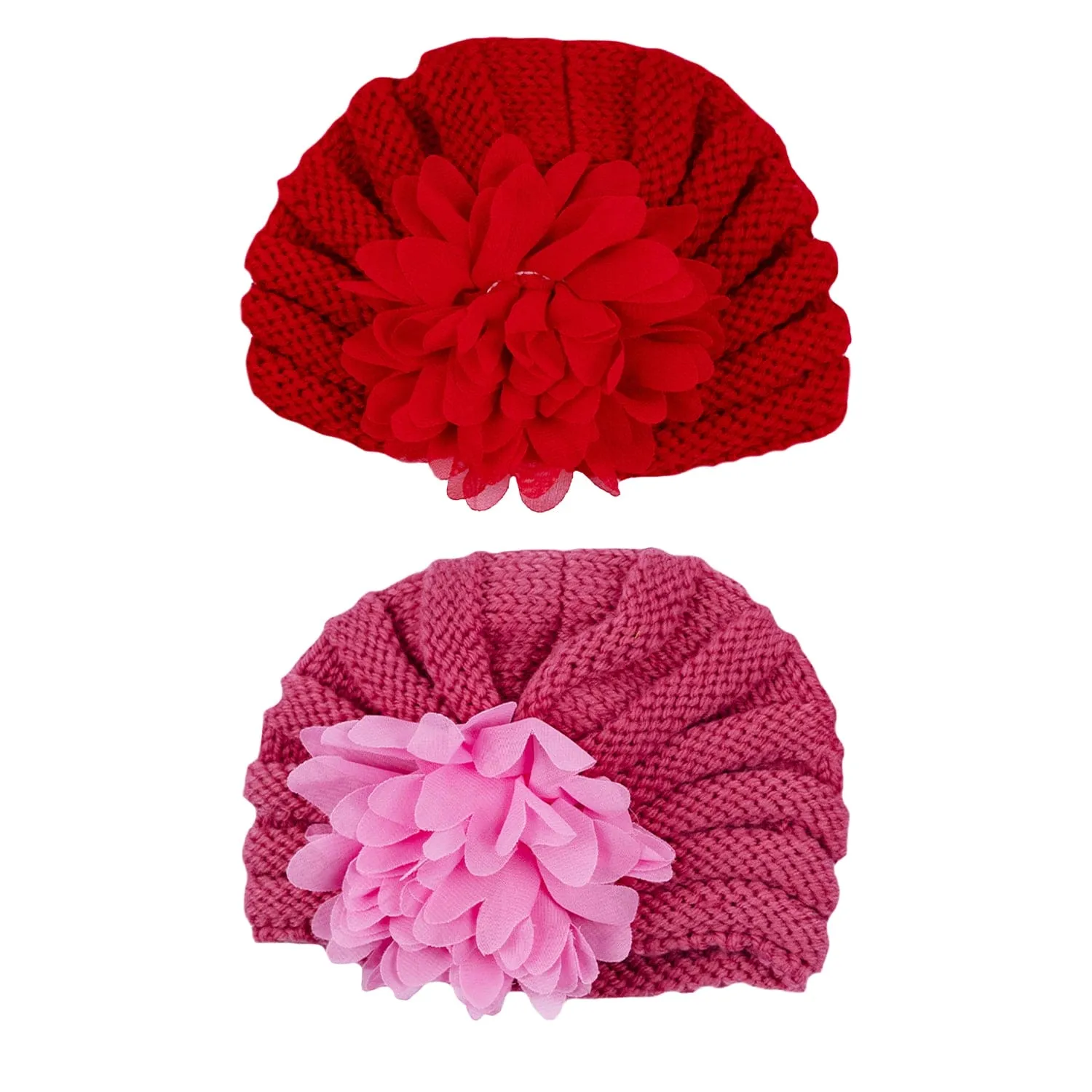 Baby Moo Girls Floral Petals 2 Pack Knitted Turban Caps - Red, Pink