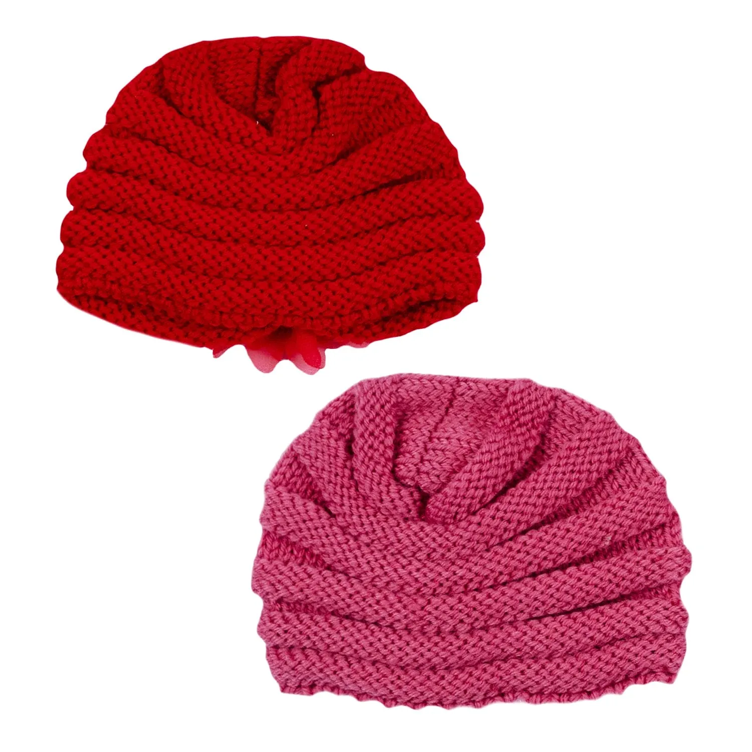 Baby Moo Girls Floral Petals 2 Pack Knitted Turban Caps - Red, Pink