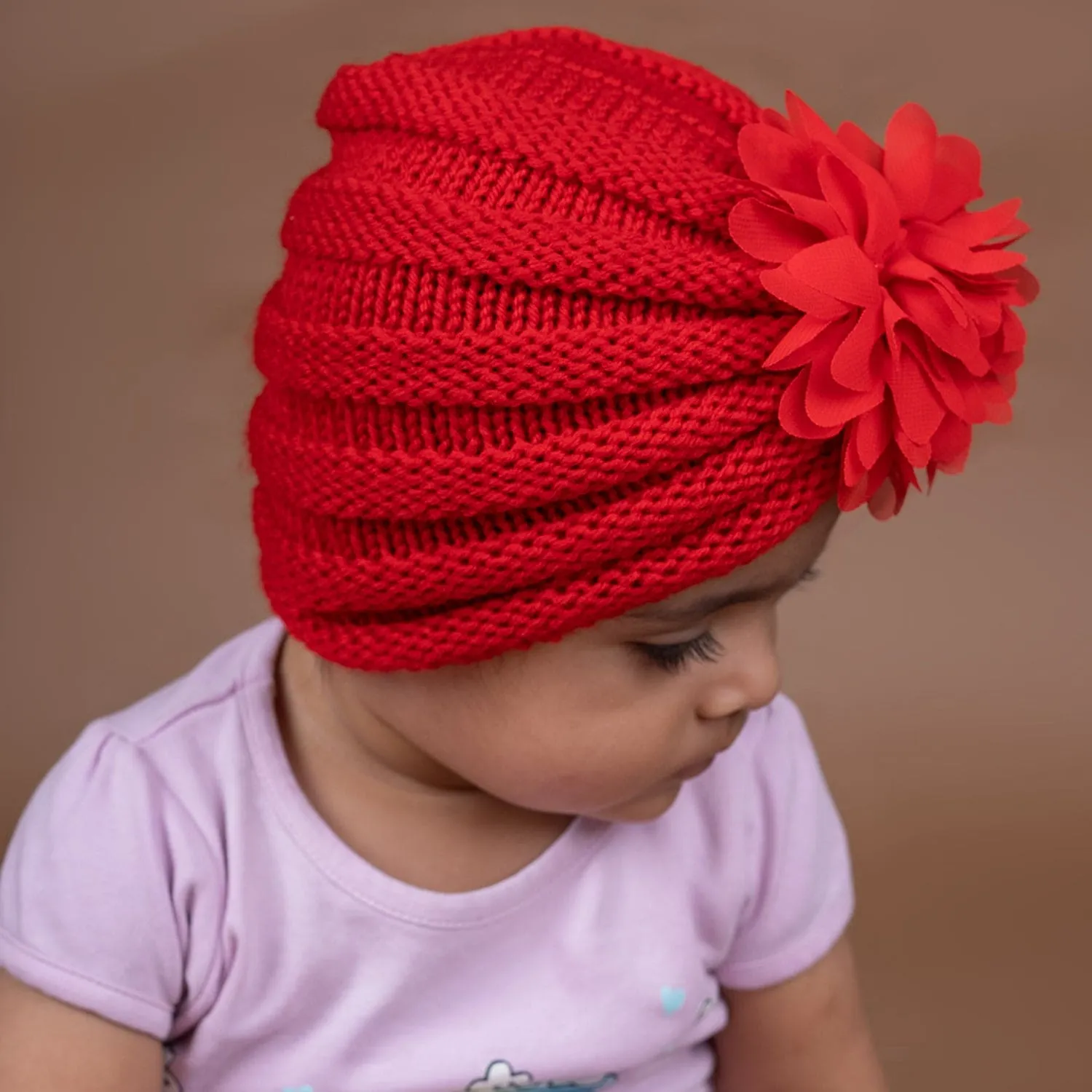 Baby Moo Girls Floral Petals 2 Pack Knitted Turban Caps - Red, Pink