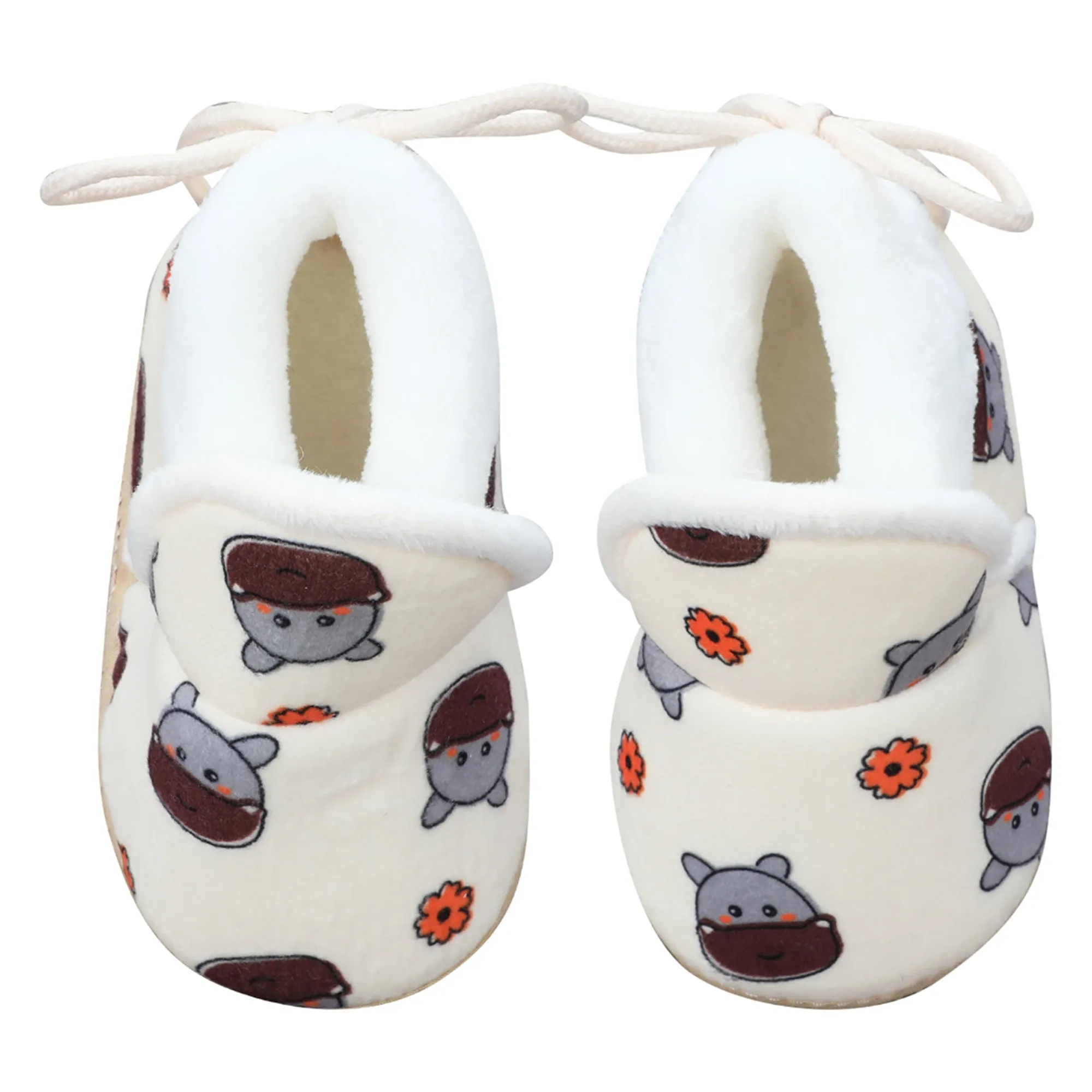 Baby Moo Hippo Face Printed Soft Slip-On Anti-Skid Plush Warm Booties - Beige