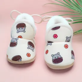 Baby Moo Hippo Face Printed Soft Slip-On Anti-Skid Plush Warm Booties - Beige