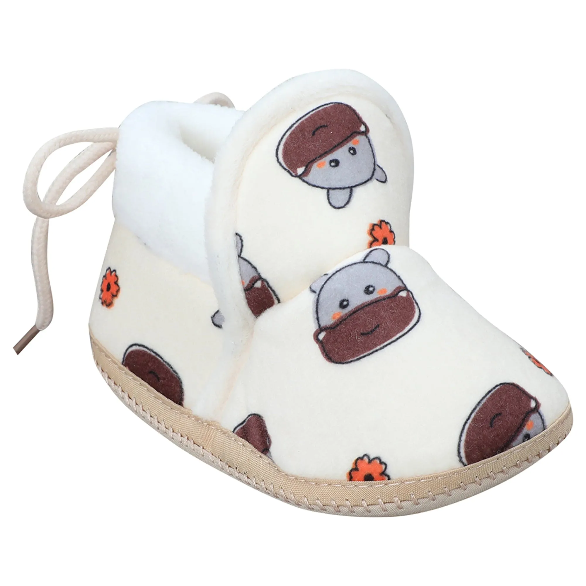 Baby Moo Hippo Face Printed Soft Slip-On Anti-Skid Plush Warm Booties - Beige