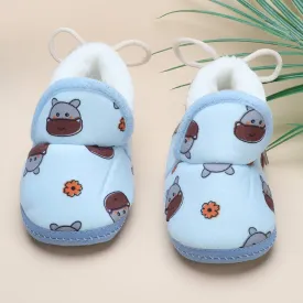 Baby Moo Hippo Face Printed Soft Slip-On Anti-Skid Plush Warm Booties - Blue