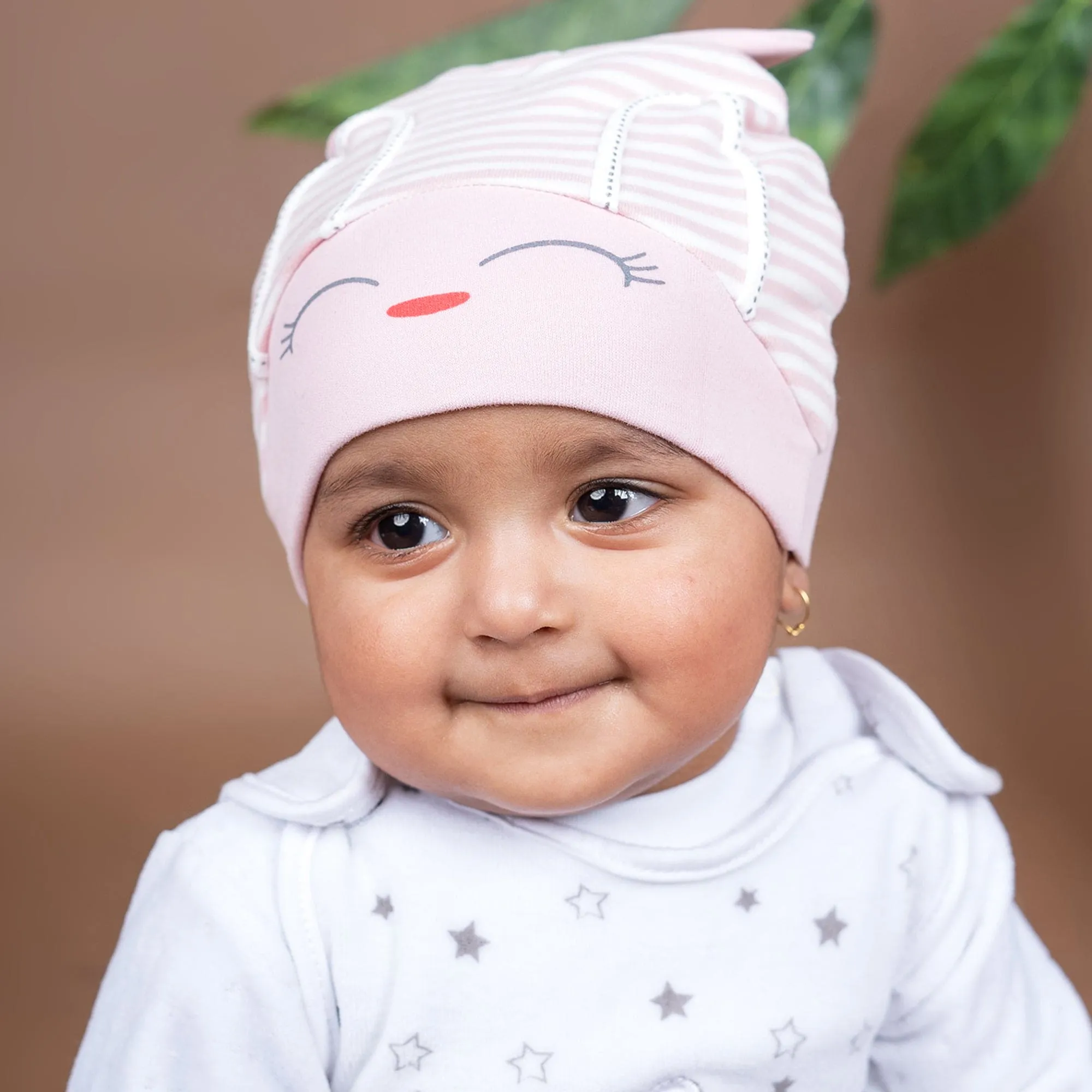 Baby Moo Jolly Kitty All Season Stretchable Hosiery Warm 3D Beanie Cap - Pink