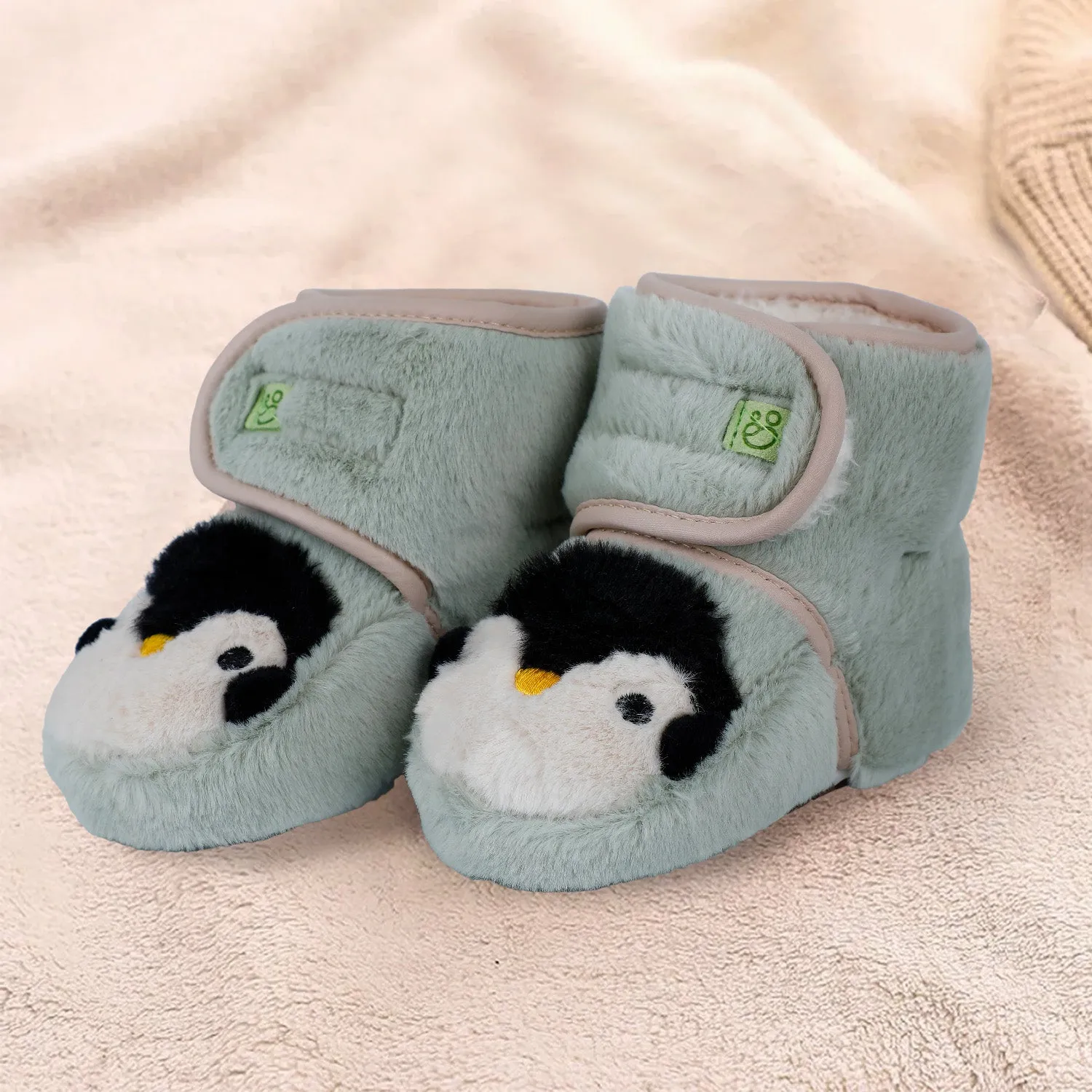 Baby Moo Penguin Warm Veclro Strap Fur Booties - Green