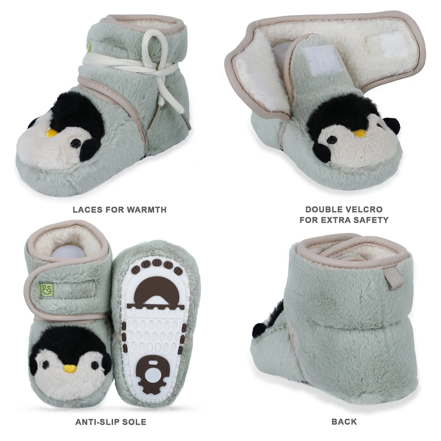 Baby Moo Penguin Warm Veclro Strap Fur Booties - Green