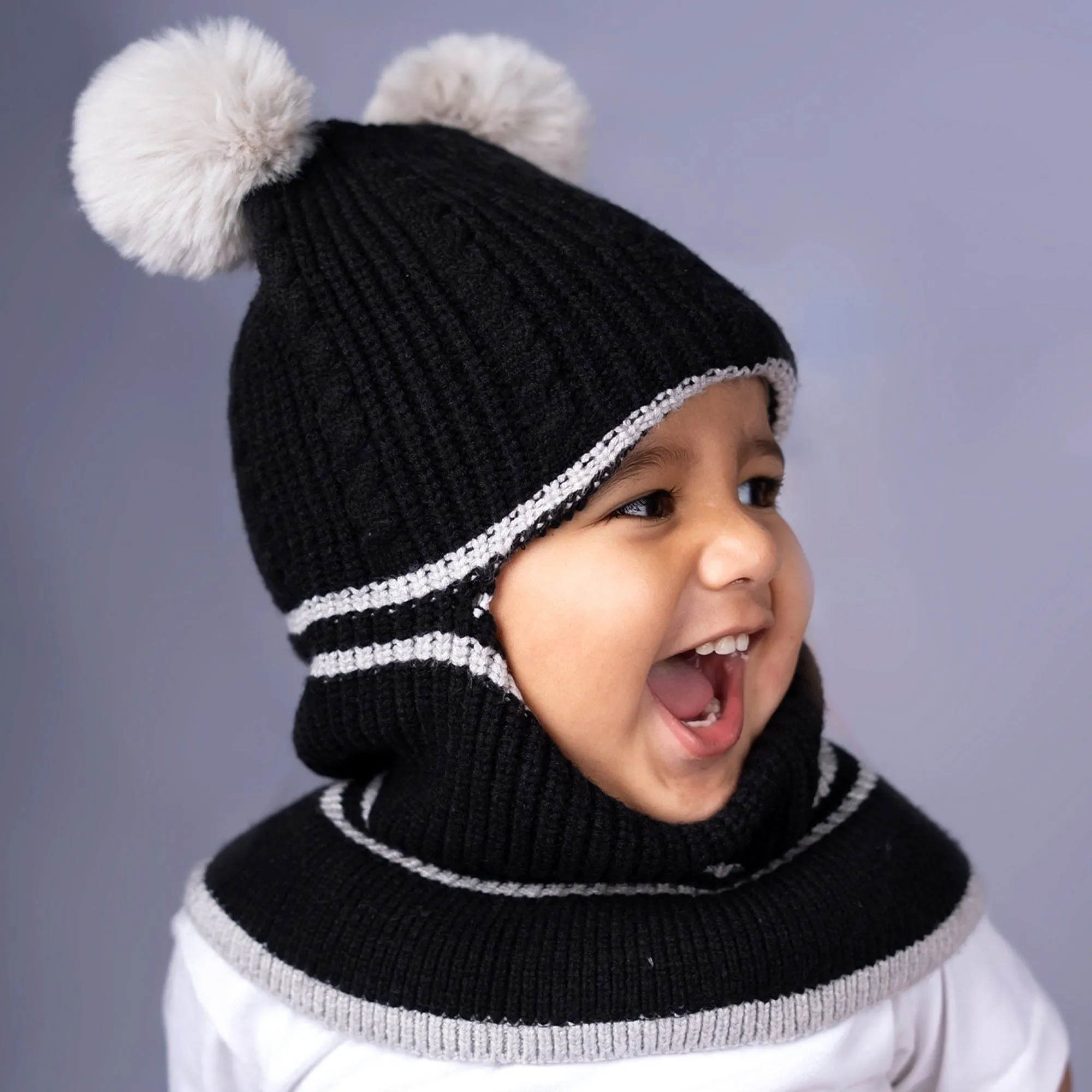 Baby Moo Pom Pom Winter Monkey Woolen Cap - Black, White