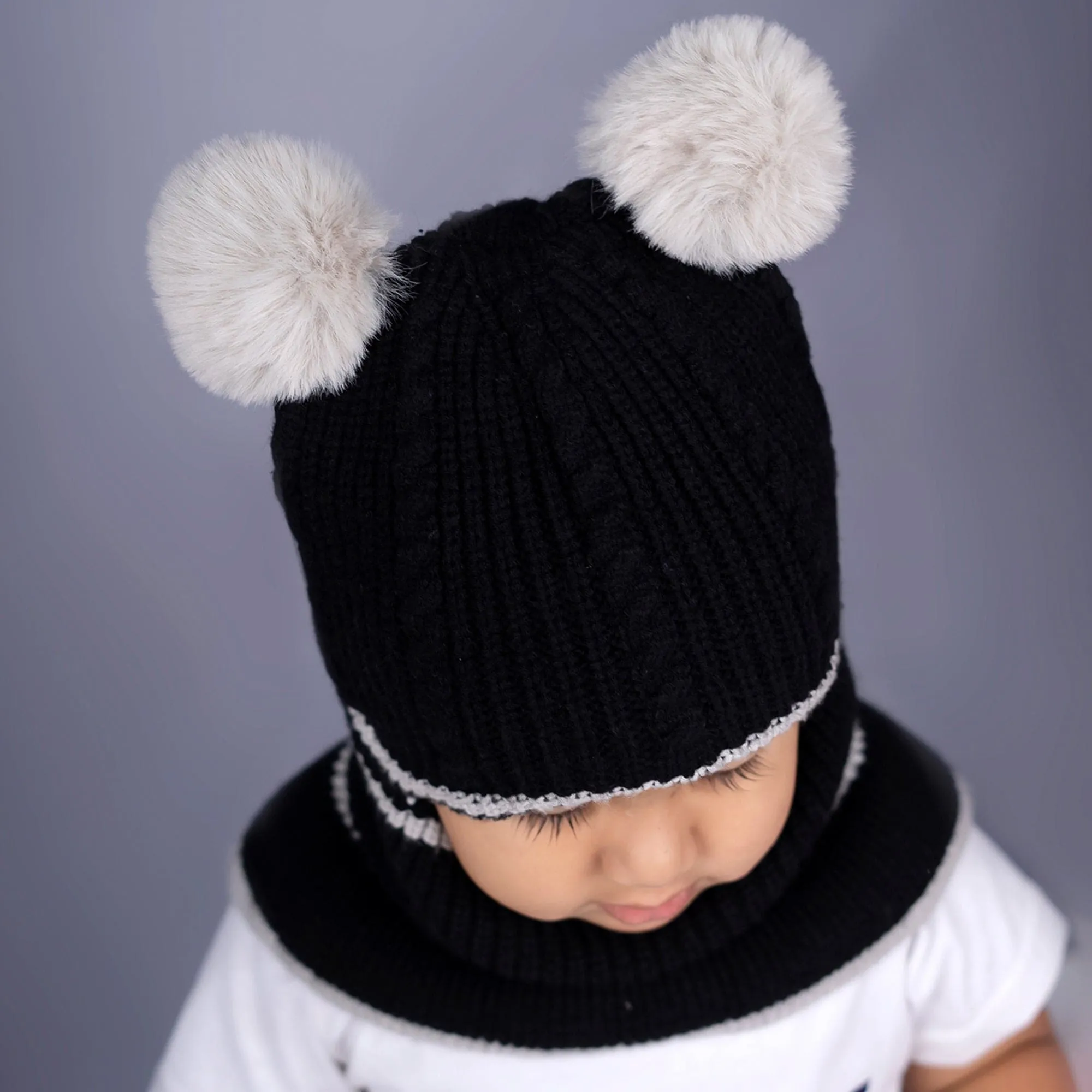 Baby Moo Pom Pom Winter Monkey Woolen Cap - Black, White