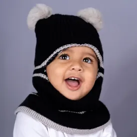 Baby Moo Pom Pom Winter Monkey Woolen Cap - Black, White