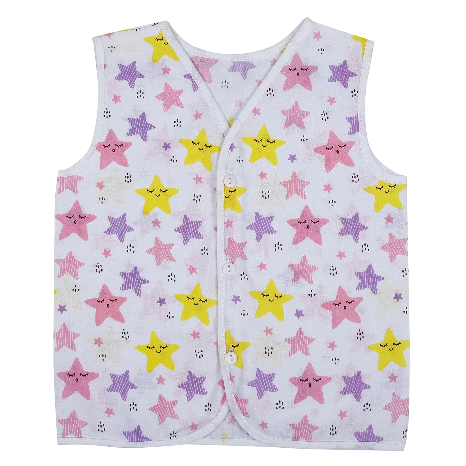 Baby Moo Smiling Stars Printed V-Neck Sleeveless Front Opening Button Cotton Jhablas 5 Pcs - Yellow, Multicolour