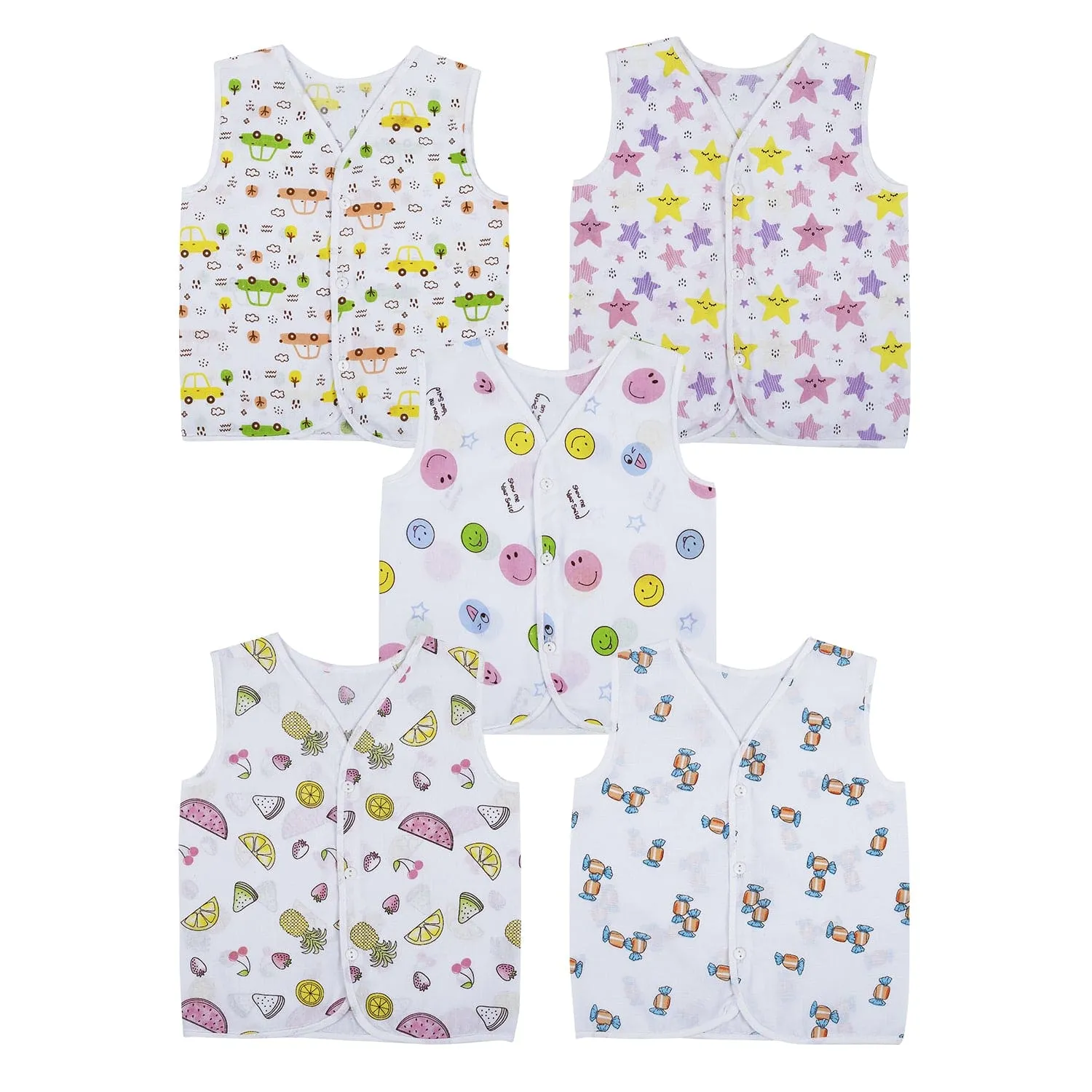 Baby Moo Smiling Stars Printed V-Neck Sleeveless Front Opening Button Cotton Jhablas 5 Pcs - Yellow, Multicolour