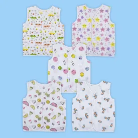 Baby Moo Smiling Stars Printed V-Neck Sleeveless Front Opening Button Cotton Jhablas 5 Pcs - Yellow, Multicolour