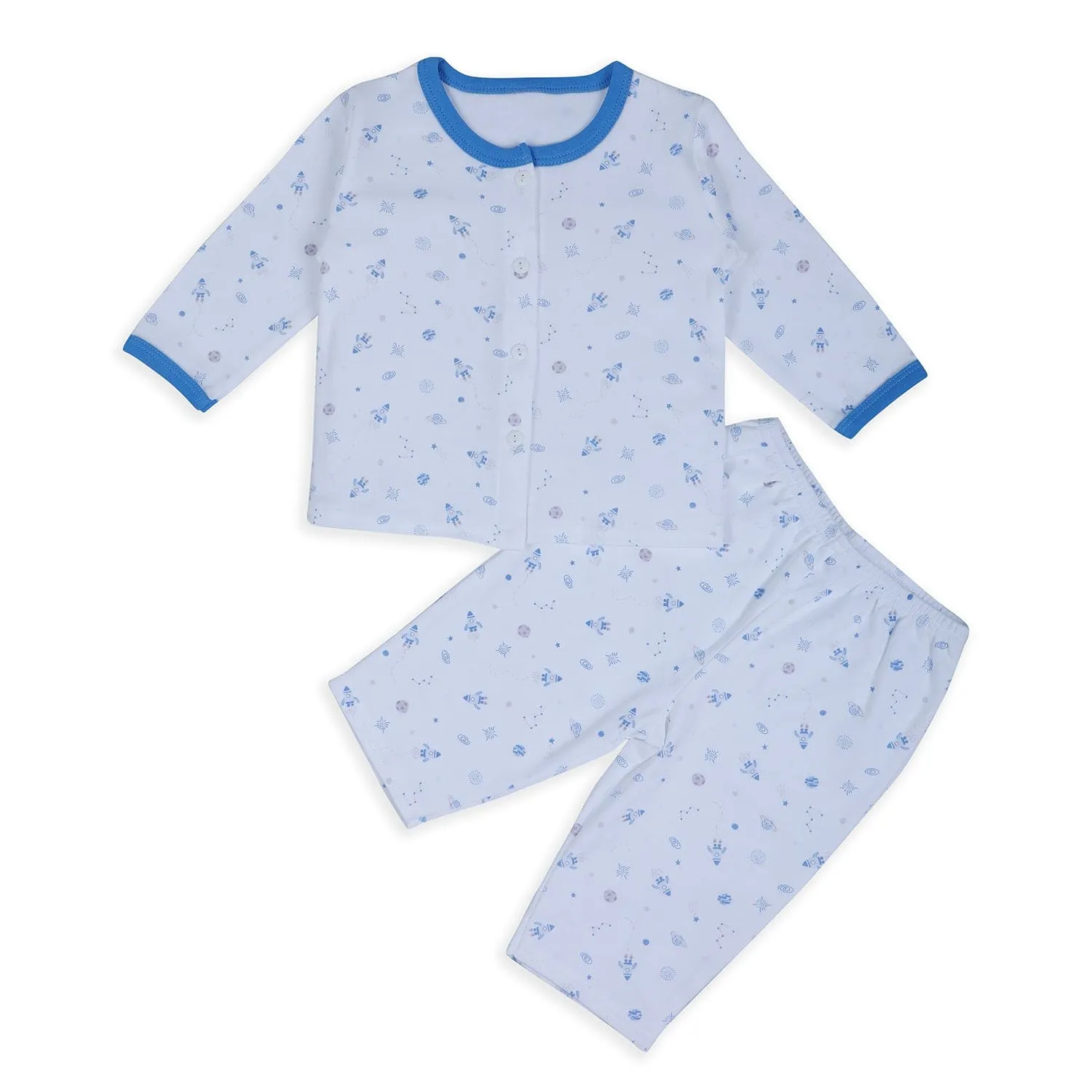 Baby Moo Space Mission Soft Cotton Full Sleeves Top And Pyjama 2pcs Night Suit - Blue