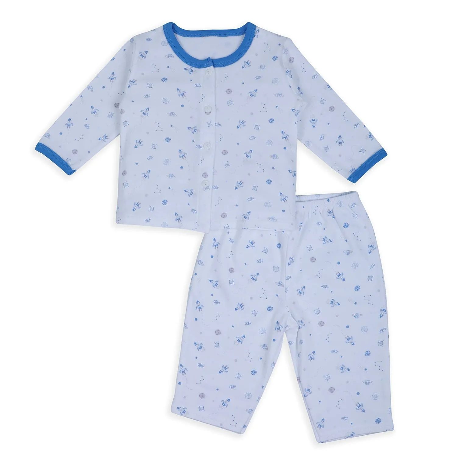 Baby Moo Space Mission Soft Cotton Full Sleeves Top And Pyjama 2pcs Night Suit - Blue