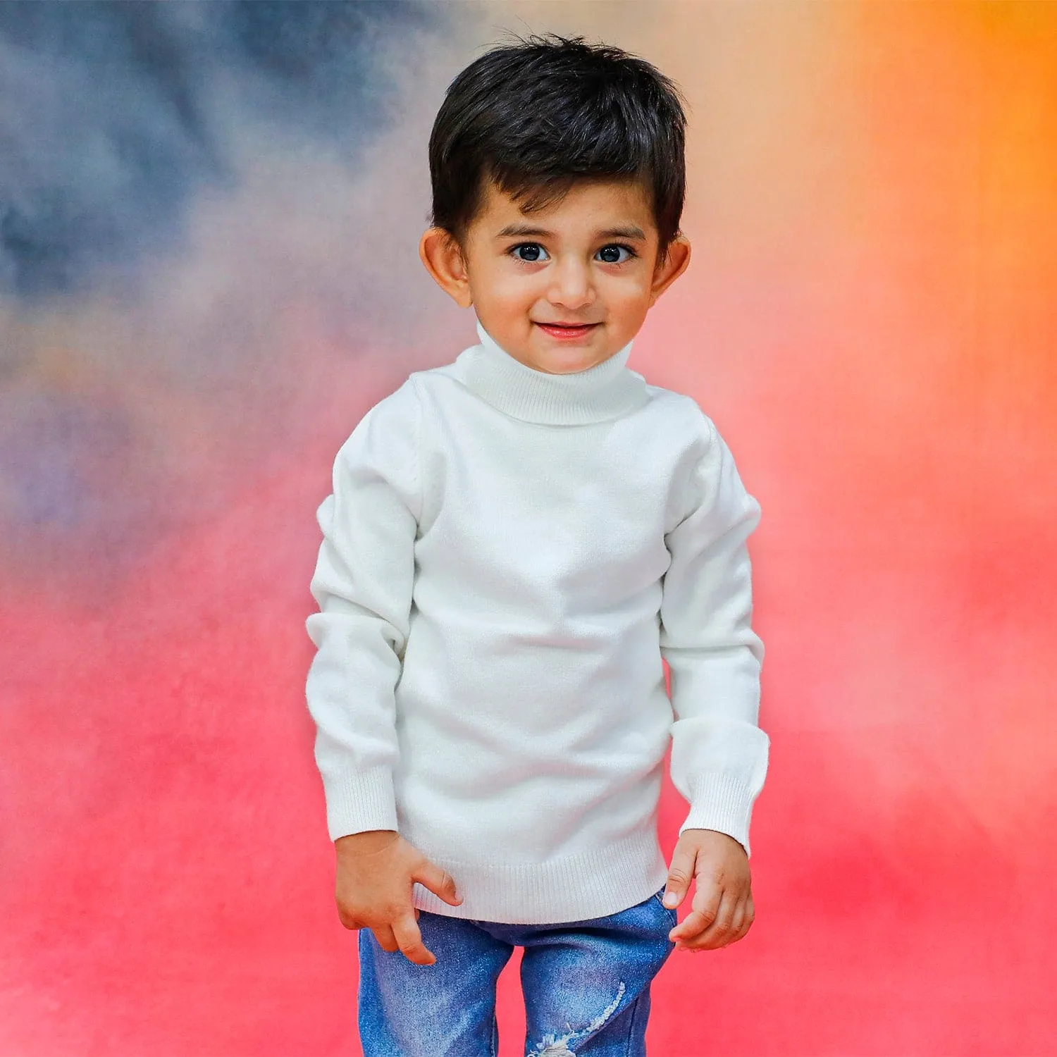 Basic Polo Neck Ribbed Premium Full Sleeves Knitted Kids Sweater - White