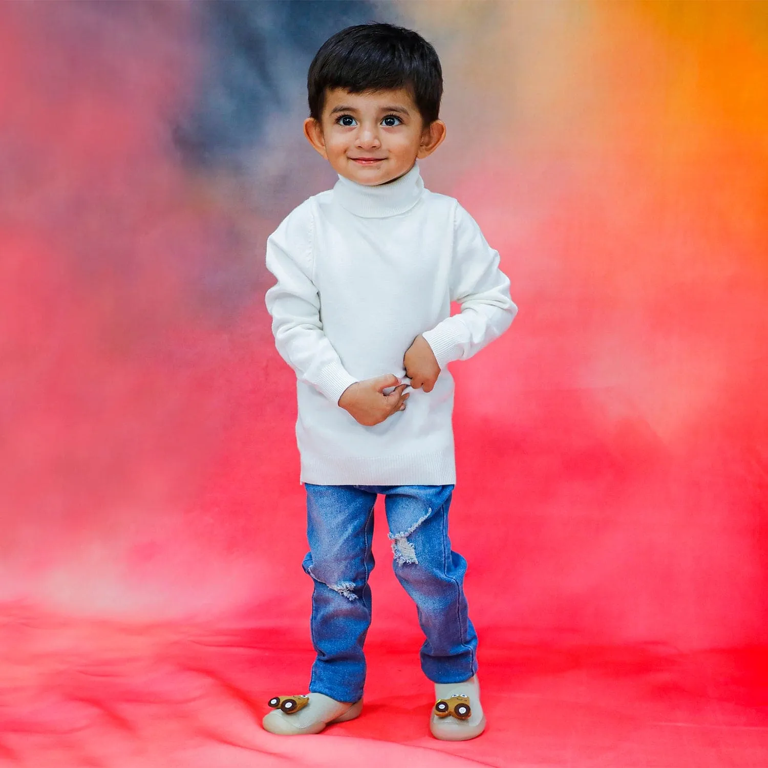 Basic Polo Neck Ribbed Premium Full Sleeves Knitted Kids Sweater - White