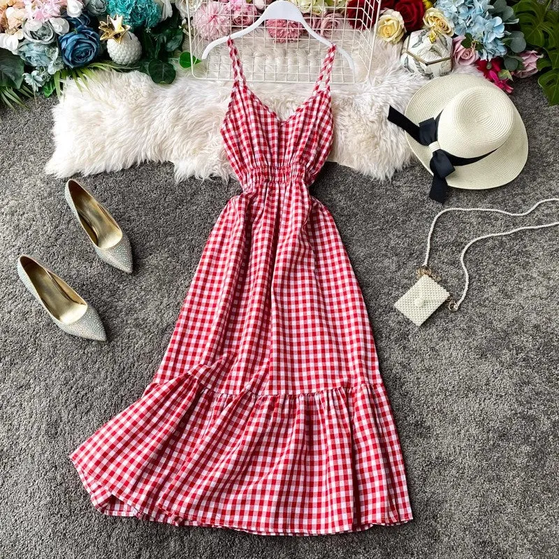 beach dress vacation dress, ruffled sleeveless long skirt V-neck suspender plaid dress     S4244