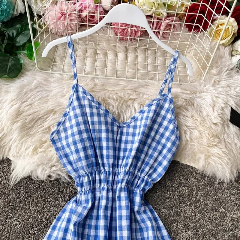 beach dress vacation dress, ruffled sleeveless long skirt V-neck suspender plaid dress     S4244