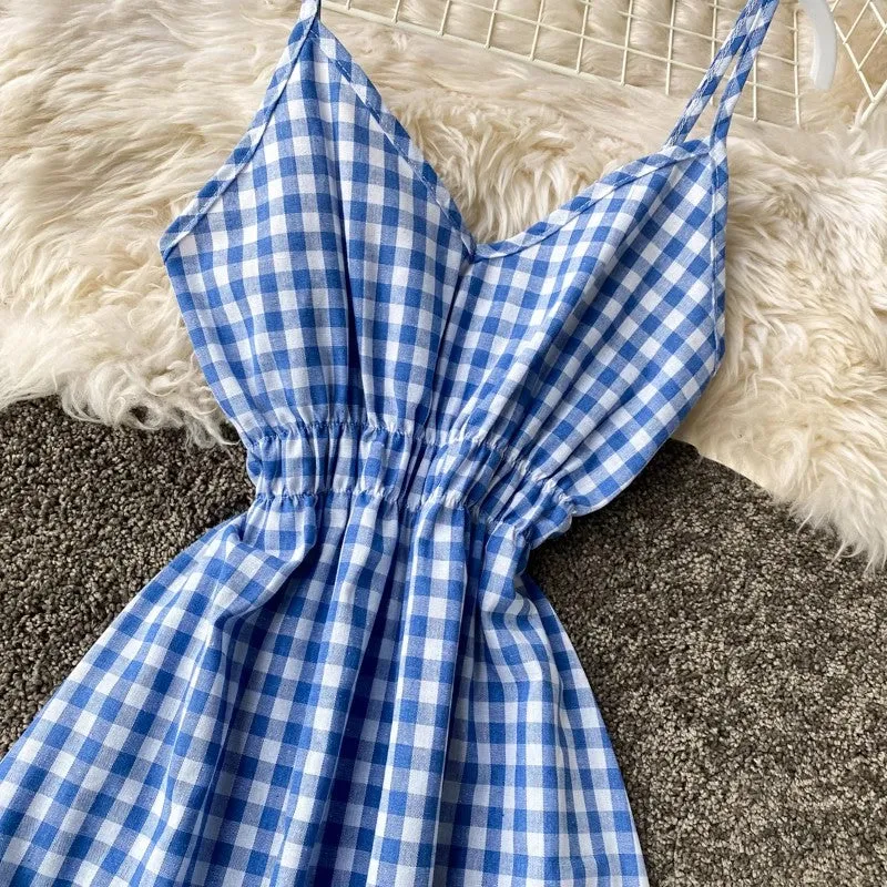 beach dress vacation dress, ruffled sleeveless long skirt V-neck suspender plaid dress     S4244