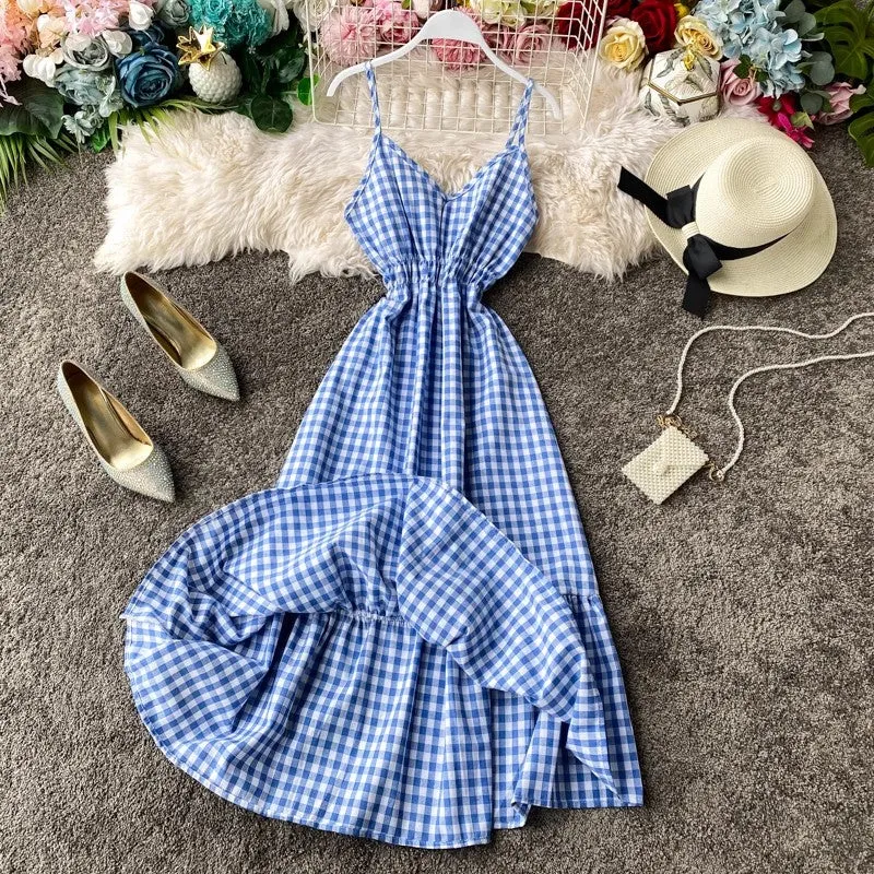 beach dress vacation dress, ruffled sleeveless long skirt V-neck suspender plaid dress     S4244