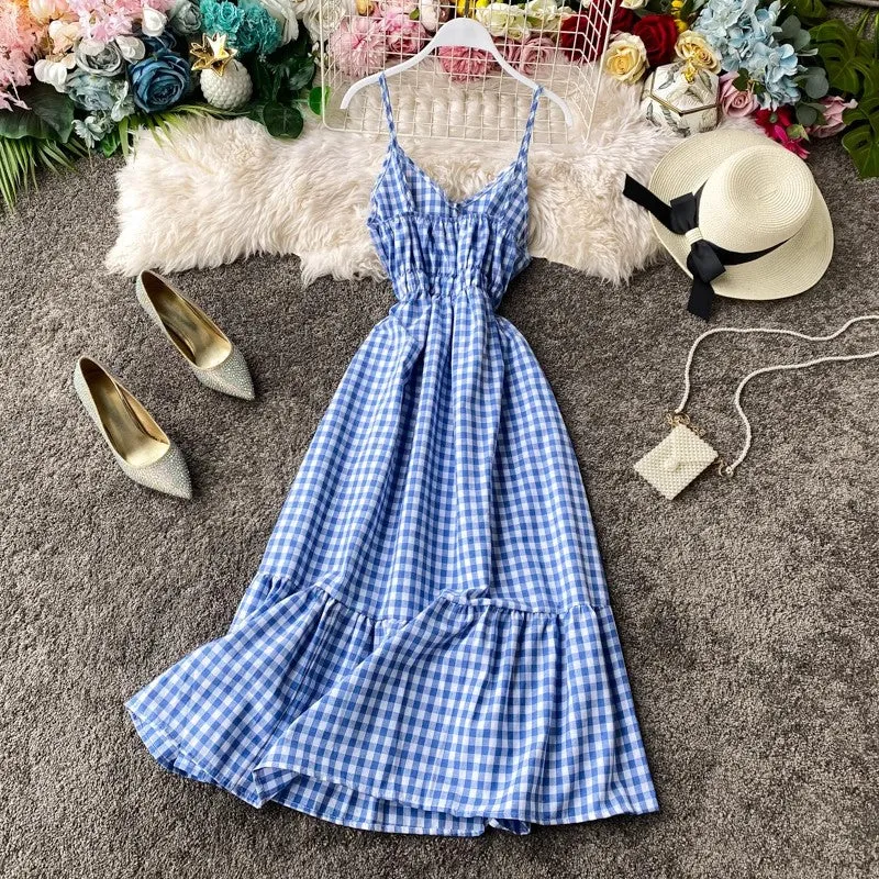 beach dress vacation dress, ruffled sleeveless long skirt V-neck suspender plaid dress     S4244