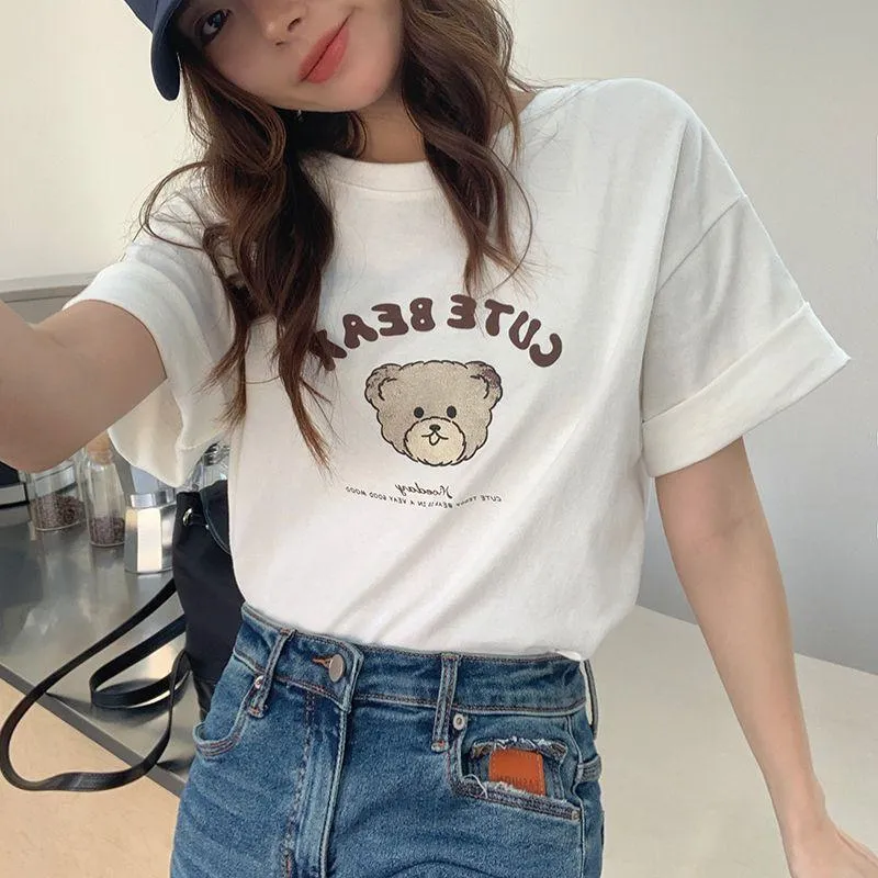 Bear Pattern Loose Fit Midi Drop Shoulder Short Sleeve Tee