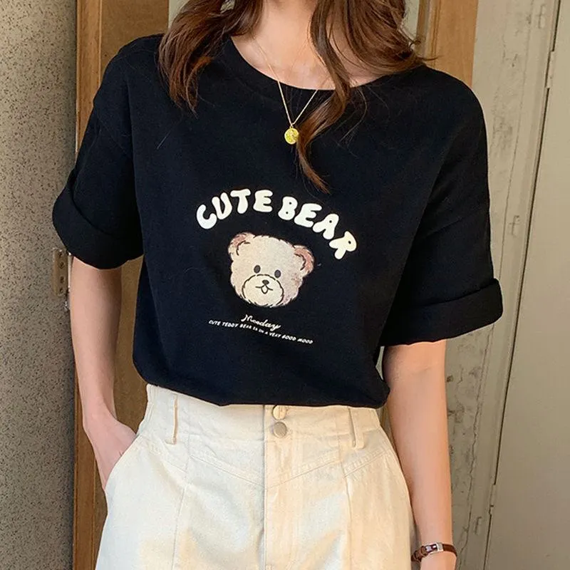 Bear Pattern Loose Fit Midi Drop Shoulder Short Sleeve Tee