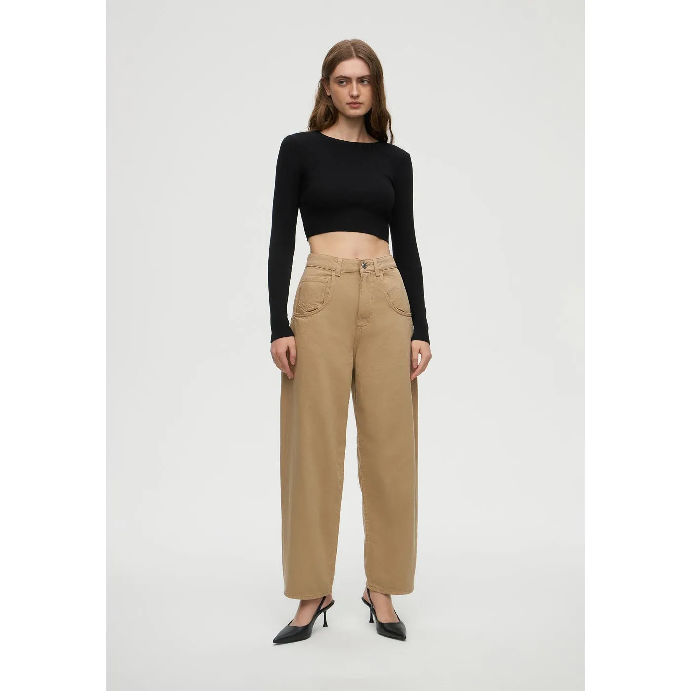 Beige Barrel Fit High Waist Jeans