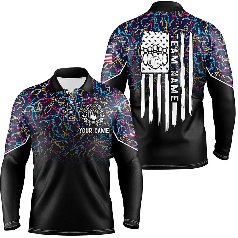 Black Bowling Camo Mens Long Sleeve Polo Bowling Shirts Custom American Flag Patriotic Bowling Team League Jerseys