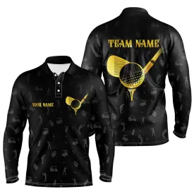 Black Golf Camo Golf Long Sleeve Polo Shirts Custom Golf Outfits Men, Unique Yellow Golf Gifts