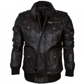 BLACK LEATHER BOMBER JACKET FOR MEN